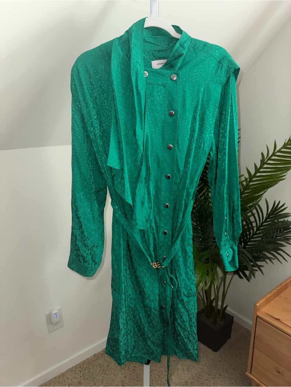 COACH 1941 Leopard Print Architectural Silk Drape Belted Dress GREEN Size 8 NWT - Picture 6 of 9